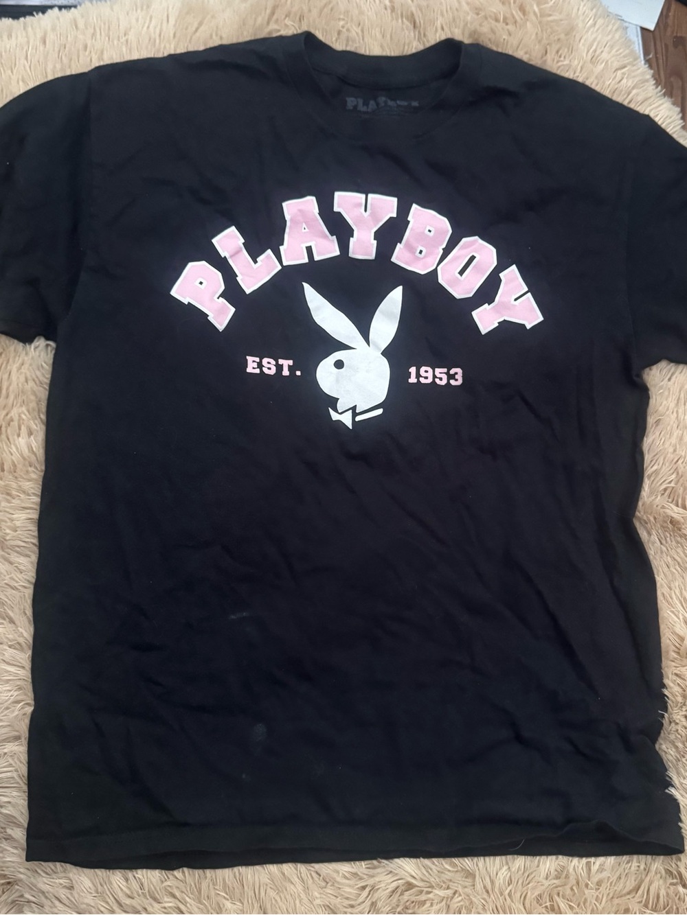 PLAYBOY Black T-Shirt with Pink Lettering and White Bunny